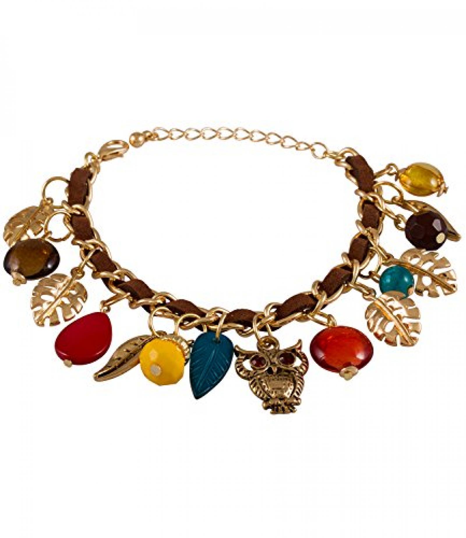 SIX "Sweet Autumn" gold-braunes Bettel Armband, Eule, Blätter, Leder (382-677) 